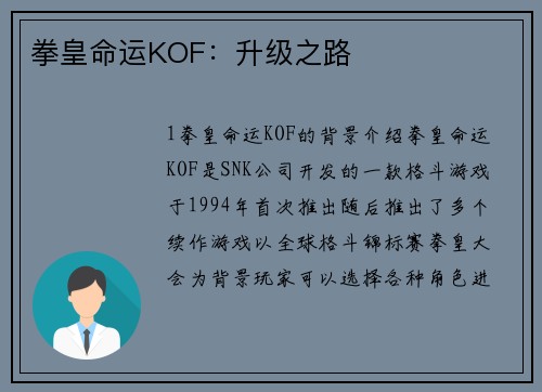 拳皇命运KOF：升级之路