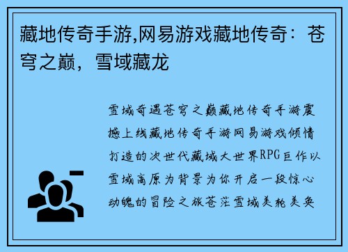藏地传奇手游,网易游戏藏地传奇：苍穹之巅，雪域藏龙